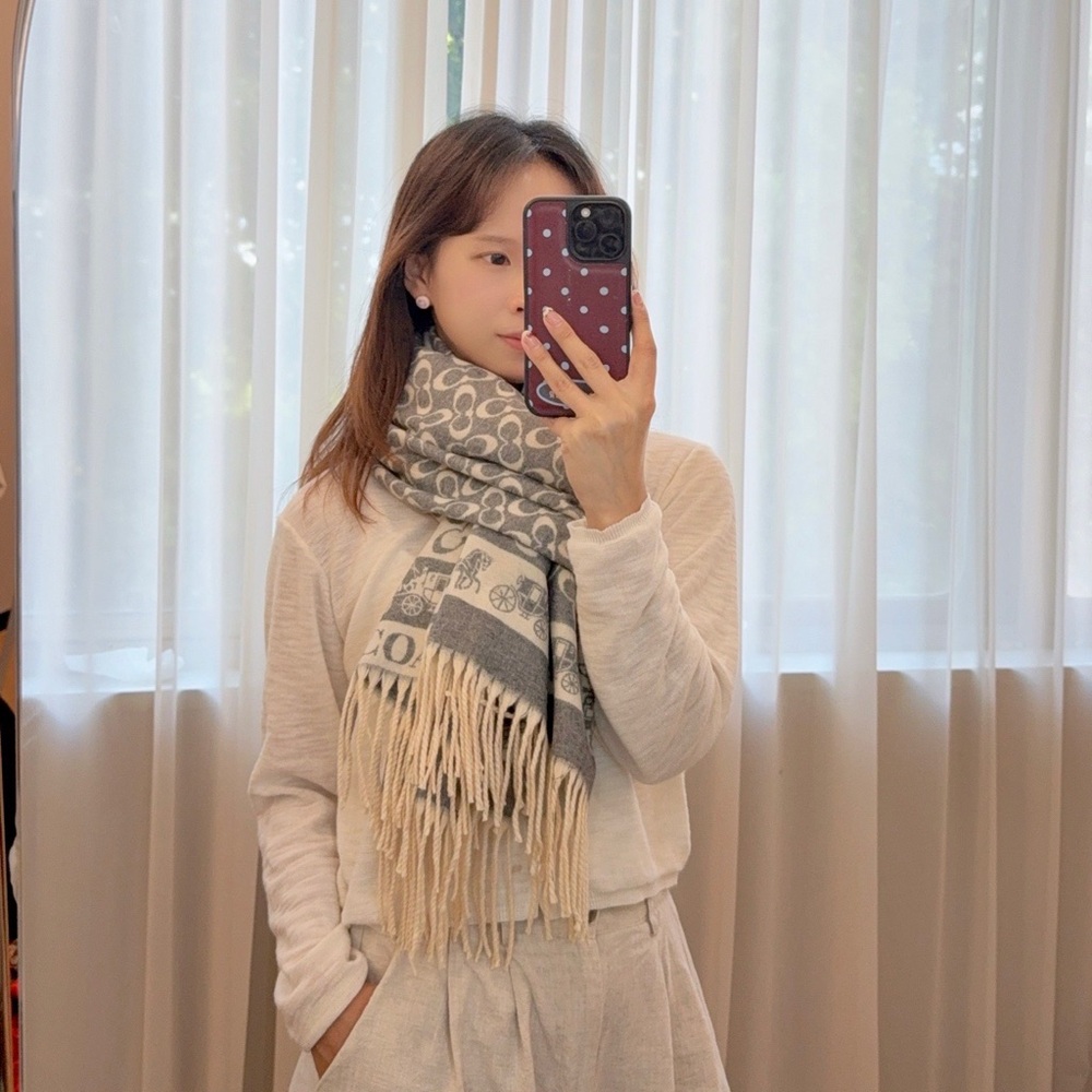 Coach Gray and Cream Patterned Scarf
